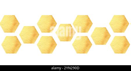 Nahtloses Banner mit gelben Waben. Aquarell goldene Sechsecke Ikonen, Bio-Bauernhof-Lebensmittelgrenze für Produktverpackung, Medizin, Kosmetikbox, Stoff, St Stockfoto