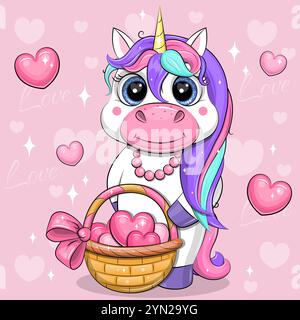 Niedliches Cartoon-Einhorn mit einem Korb voller Herzen. Valentinskarte. Vektorillustration eines Tieres auf einem rosa Hintergrund. Stock Vektor
