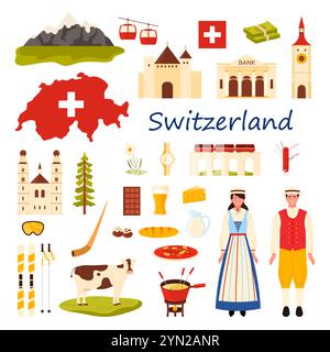 Reise in die Schweiz Set. Schweizer in Nationalkleidung, Erbe Architektur und Kultur Elemente, rote Zug auf Viadukt und Berglandschaft, Alphorn und Käse Dip Cartoon Vektor Illustration Stock Vektor