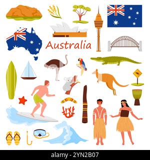 Reise nach Australien Set. Sydney Harbour Bridge und Opera House, australische Aborigines und berühmte Kulturelemente, australische Alpen und Tiere, Surfer auf Surfbrett Cartoon Vektor Illustration Stock Vektor