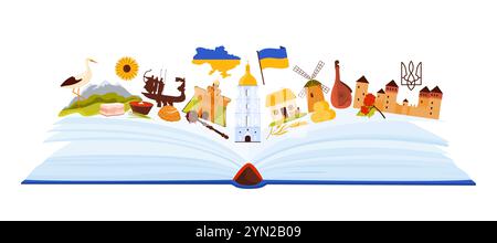 Reisen Sie in die Ukraine, Infografiken zu Sehenswürdigkeiten und Sehenswürdigkeiten im offenen Buch. Ukrainische Urlaubscollage mit alter Festung und Windmühle, Borsch und Bandura Cartoon Vektor Illustration Stock Vektor