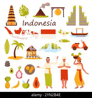 Reise nach Indonesien Set. Kulturelemente und Inselsymbole, Indonesien in traditionellen ethnischen Kostümen mit Obstkorb, Gunung Batur und Candi Bentar Comic Vektor Illustration Stock Vektor