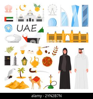 Reise zu VAE-Set. Muslimische Menschen und Erbe Architektur, kulturelle Elemente und Essen, Scheich Zayed große Moschee und Hotel Segel, Pointe Shopping Mall, Khanjar und Shisha Cartoon Vektor Illustration Stock Vektor