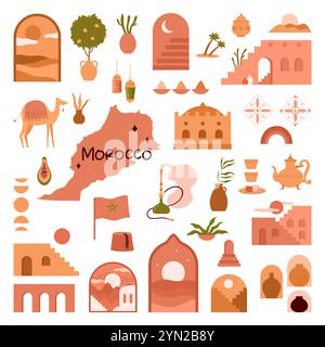 Marokkanische Kulturelemente und traditionelle arabische Architektur. Marokkanische Terrakotta-Häuser mit Bögen und Toren, alte Treppen und Bogenfenster mit Töpfen, Wasserpfeife und Kamel-Karikaturvektorillustration Stock Vektor