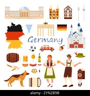 Reise nach Deutschland Set. Deutsche Menschen in Nationalkostümen für das Oktoberfest, Würstchen und Brezel, Fachwerkbau und Schloss Neuschwanstein, Bier- und Hundekarikaturvektorillustration Stock Vektor