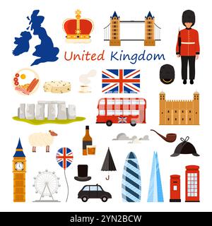 Willkommen in Großbritannien, Infografik-Aufkleber mit Kulturelementen und Wahrzeichen. Big Ben Tower und Stonehenge, englisches Essen und Wächter, Riesenrad und Wolkenkratzer Cartoon Vektor Illustration Stock Vektor