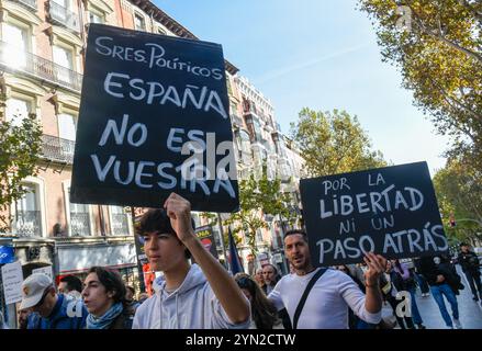 Madrid, Madrid, SPANIEN. November 2024. Der Demokratische Rat hat eine Demonstration in den Straßen Madrids gegen die politische Verwaltung der DANA organisiert, die Pedro Sanchez und Carlos Mazon zur Rechenschaft zieht. (Kreditbild: © Richard Zubelzu/ZUMA Press Wire) NUR REDAKTIONELLE VERWENDUNG! Nicht für kommerzielle ZWECKE! Quelle: ZUMA Press, Inc./Alamy Live News Stockfoto