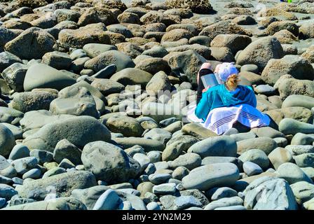 Eine junge Frau aus Alaska, die einen blauen Hoody trägt und ein Buch liest, während sie sich im Sandy Beach State Park in Sitka, Alaska, USA, entspannt Stockfoto