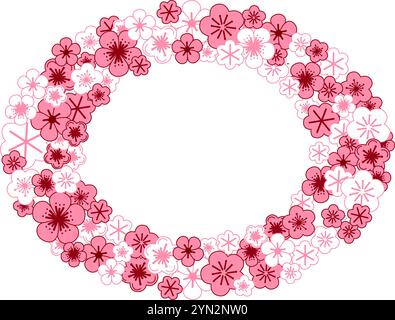 Ovaler Rahmen im Vektordesign mit Blumenmuster. Pinkfarbene Sakura-Vektor-Grafikvorlage. Hochzeitskarte auf weiß. Alle Elemente sind isoliert und können bearbeitet werden. Stock Vektor