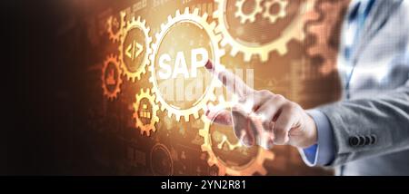 SAP System Software Automation Konzept. Technologie-, Internet- und Netzwerkkonzept auf virtuellem Bildschirm Stockfoto