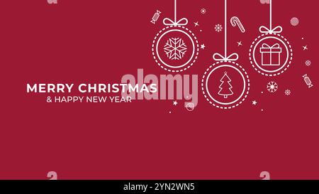 Weihnachtskarte mit weißen Ornamenten auf rotem Hintergrund, Frohe Weihnachten und Happy New Year Stock Vektor