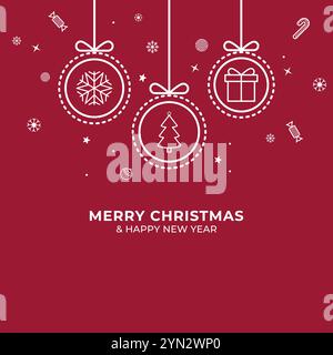 Weihnachtskarte mit weißer Dekoration auf rotem Hintergrund Stock Vektor
