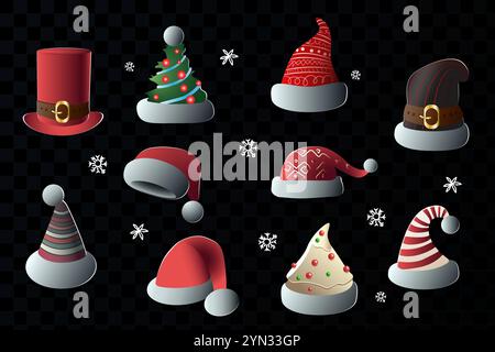 Weihnachtsmann Wintermütze Cartoon Set. Weihnachtsmützen. Für eine Weihnachtsfeier, Vektor-Illustration. Stock Vektor