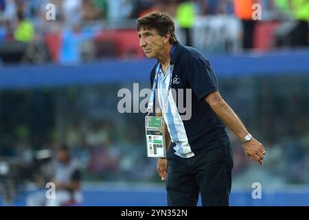 Asuncion, Paraguay. November 2024. Gustavo Costas, Cheftrainer des argentinischen Racing Clubs, Gesten während des Finalspiels der CONMEBOL Copa Sudamericana gegen den brasilianischen Cruzeiro im La Nueva Olla Stadion in Asuncion, Paraguay, am 23. November 2024. Racing Club wird Champion, nachdem er Cruzeiro aus Brasilien mit 3:1 besiegt hat. Quelle: Alejandro Pagni/Alamy Live News Stockfoto