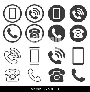 Symbolsatz für Telefonkontaktverbindung. Alte Handylogos-Kollektion. Service rund um die Uhr. Vektorabbildungsbild. Isoliert auf weißem Backgr Stock Vektor