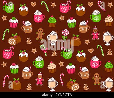 Nahtloses Muster traditioneller Weihnachtskost: Desserts, Getränke, Kekse und Süßigkeiten. Nette Hand gezeichnete Kritzeleien, Karikaturvektor-Hintergrund-Illustration. Stock Vektor