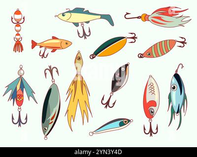 Angelköder und Köder. Löffel in verschiedenen Farben, Haken Nadeln und Spinner in verschiedenen Farben, verschiedenen Formen, isoliertes fisher Zubehör und Werkzeuge, Stock Vektor