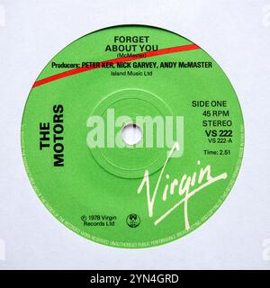 Mitte-Label der 7-Zoll-Single-Version von Forget About You von The Motors, die 1978 veröffentlicht wurde Stockfoto