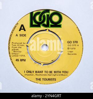 Center-Label der Sieben-Inch-Single-Version von I Want to Be With You von The Touritys, die 1979 veröffentlicht wurde Stockfoto