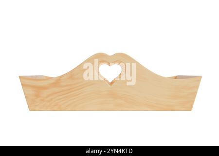 Serviertablett aus Holz, Holztablett aus der Küche, Schneidebrett für Brot und Obst mit Griffen in Herzform auf weißem Hintergrund. 3D-Rendering Stockfoto