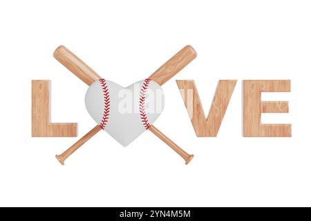 Baseball Love Konzept. Baseballball in Herzform und Holzschläger als Liebeszeichen auf weißem Hintergrund. 3D-Rendering Stockfoto