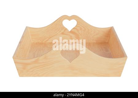 Serviertablett aus Holz, Holztablett aus der Küche, Schneidebrett für Brot und Obst mit Griffen in Herzform auf weißem Hintergrund. 3D-Rendering Stockfoto