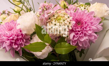 Blumenstrauß mit rosafarbenen Rosen, Chrysanthemen und Freesieblumen in einer Vase isoliert auf weißem Hintergrund. Stockfoto