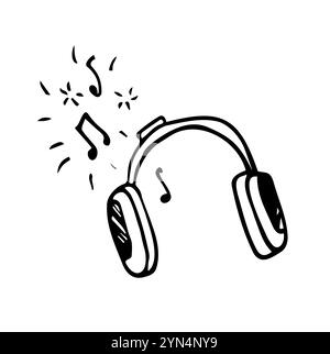 Kopfhörer mit einem klingenden Lied mit Noten. Kopfhörer für Musik oder ein Headset. Handzeichnung. Isoliert auf weißem Hintergrund. Stock Vektor