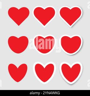 Ein Set mit 9 roten Herzen auf transparentem Hintergrund. Aufkleber von Herzen verschiedener Formen. Das Konzept des Valentinstag. Stock Vektor