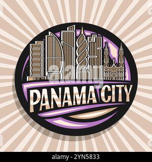 Vektor-Logo für Panama City, dunkles dekoratives Etikett mit Illustration der städtischen amerikanischen Stadtlandschaft auf nächtlichem Himmel Hintergrund, Kunstdesign Kühlschrank Stock Vektor