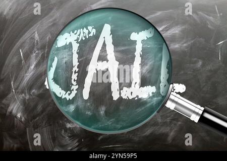 Gefängnis - Lernen, studieren und inspizieren Sie es. Ich schaue mir das Gefängnis genauer an. Eine Lupe, die das Wort "Gefängnis" vergrößert, steht auf einer Tafel Stockfoto