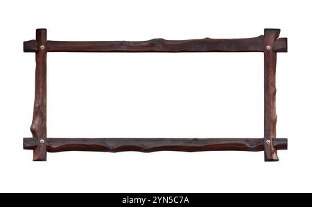 Rustikaler Holzrahmen mit natürlicher Holzmaserung, dunkelbraunem Finish und handgefertigtem Design isoliert auf weißem Hintergrund für Kunst, Fotografie oder DIY Proje Stockfoto
