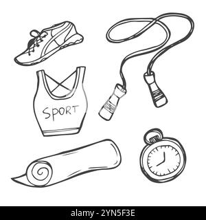 Handgezeichnetes Set aus Fitness, Fitnessgeräten, Aktivitäts-Lifestyle-Konzept. Skizzenstil kritzeln. Stock Vektor
