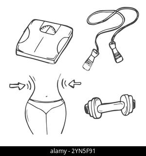 Handgezeichnetes Set aus Fitness, Fitnessgeräten, Aktivitäts-Lifestyle-Konzept. Skizzenstil kritzeln. Stock Vektor