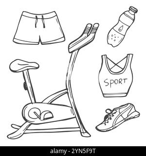 Handgezeichnetes Set aus Fitness, Fitnessgeräten, Aktivitäts-Lifestyle-Konzept. Skizzenstil kritzeln. Stock Vektor