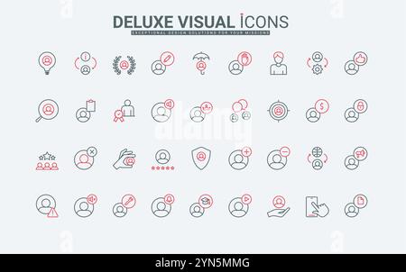 Benutzerprofil und Kontenkreis Avatare Warnschilder, System-Setup-Zeilensymbole. Markieren Sie die Daten, akzeptieren Sie und alarmieren Sie Probleme, suchen Sie Personen und mögen dünne schwarze und rote Umrisssymbole Vektorillustration Stock Vektor