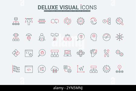 DevOps, Zeilensymbolsatz für die Methodik des Softwareentwicklungsprozesses. Code- und Bugtests, Wartungsservice und Support für Produkte durch IT-Teams dünne schwarze und rote Umrisssymbole Vektorillustration Stock Vektor
