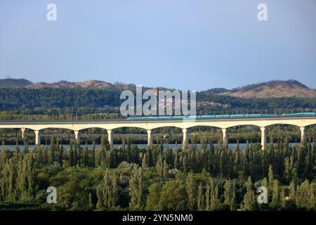 Die lange Brücke Viaduc Double Ferroviaire über die Rhone für TGV-Züge in der Nähe von Avignon in der Provence, Frankreich Stockfoto