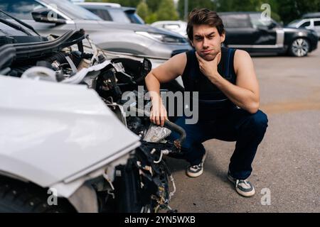 Durchdachter Mechaniker in Uniform, der die Fahrzeugfront ohne Stoßfänger untersucht, den Plan für zukünftige Arbeiten in der Autoreparatur bewertet und den Service erneuert Stockfoto