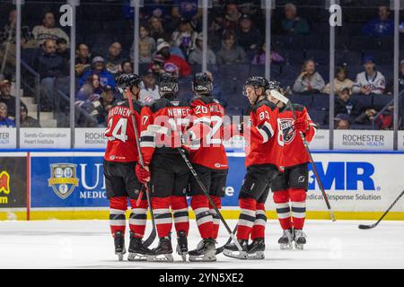 Rochester, New York, USA. November 2024. Die Spieler der Utica Comets feiern in der zweiten Periode ein Tor gegen die Rochester-Amerikaner. Die Rochester Americans veranstalteten die Utica Comets in einem Spiel der American Hockey League in der Blue Cross Arena in Rochester, New York. (Jonathan Tenca/CSM). Quelle: csm/Alamy Live News Stockfoto