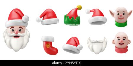 3D Santa. Claus Hut, Bart und Noel Elf Kit. Rote Wintersocke, Kopf und Mütze für ein glückliches neues Jahr. Mode Party Kunst. Machen Sie isolierte Hochglanz-Weihnachten Stock Vektor