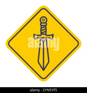 Schwert-Symbol auf gelbem Hintergrund. Ritterwaffe. Stock Vektor