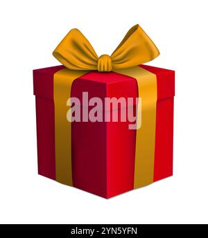 3D-Geschenk. Rote Box mit goldenem Band. Weihnachts- oder Geburtstagsgeschenk. Einkaufselement mit Verkaufs- oder Rabattaktion. Urlaubsüberraschung. Geschenkschachtel für Party. Vect Stock Vektor