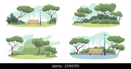 Stadtpark. Gartenbäume. Bank mit Laterne. Außensitz. Sommerfeld. Urbane Naturlandschaft. Tageshimmel. Gras und Pflanzen in der Landschaft. Grün für Stock Vektor