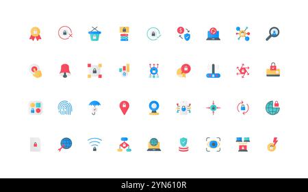 Cybersicherheit, sichere Abschirmung und Verriegelung für vertrauliche Daten Farbsymbole. Firewall, intelligenter Virenschutz und Verschlüsselung zum Schutz von Informationen, Retina Scan und Hub Flat Elements Vektor Illustration Stock Vektor