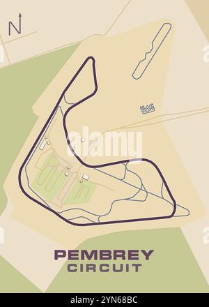 Das Bild zeigt eine detaillierte Karte des Pembrey Circuit, einer Rennstrecke in Wales, Großbritannien. Die Karte ist in einem einfachen, minimalistischen Stil gezeichnet Stock Vektor