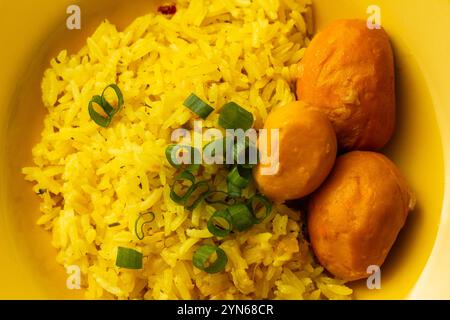 Goiania, Goias, Brasilien – 24. November 2024: Superclose-up auf einem gelben Teller mit Reis mit Pequi. Typisches Essen von Goias. Stockfoto