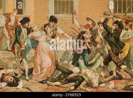 Französische Revolution. September-Massaker (2. Bis 6. September 1792). Die Revolutionäre führten Massenmorde unter der Gefängnisbevölkerung in ganz Frankreich, hauptsächlich in Paris, durch. Mord an der Princesse de Lamballe (Marie Thérèse Louise von Savoyen) (1749-1792), 3. September 1792. Chromolithographie. "Los Girondinos" (Revolucion Francesa) (die Girondins, Französische Revolution), von A. de Lamartine. Band I. veröffentlicht in Barcelona, 1904. Stockfoto