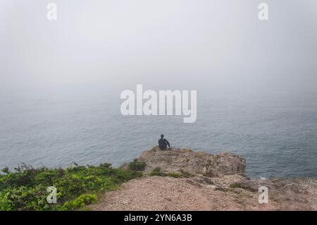 Ein einsames Weibchen mit Blick auf den nebeligen Ozean im Fort Wetherill State Park in Jamestown, Rhode Island. Stockfoto