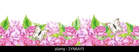 Nahtloses Banner mit Kirschblüten und Butterflys. Aquarellillustration Japanische Sakura Blumen botanische Illustration. Vorlage für Postkarten Stockfoto